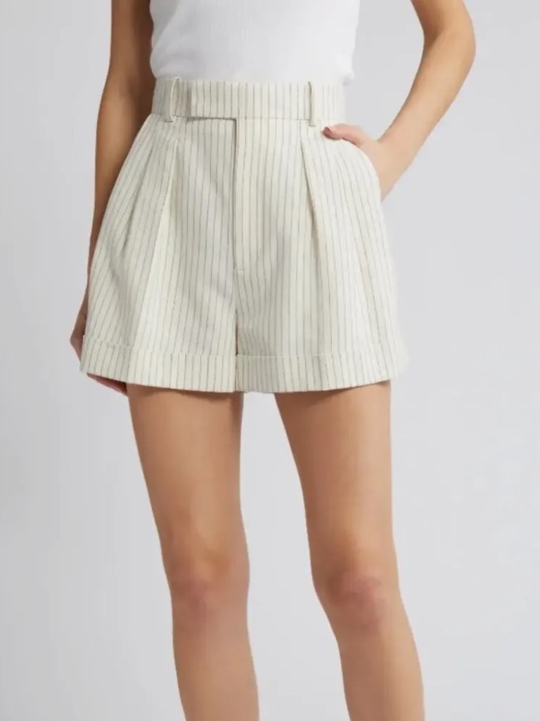 Frame Pleated Wide Cuff Linen White Black Pin Stripe Trouser Shorts